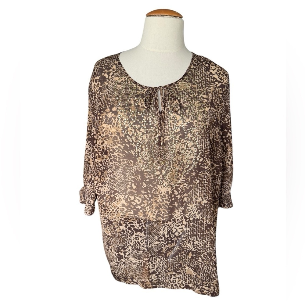 Maggie Barnes Plus SZ 2X Animal Print Studded Blouse Brown Sheer Boho Tunic Top